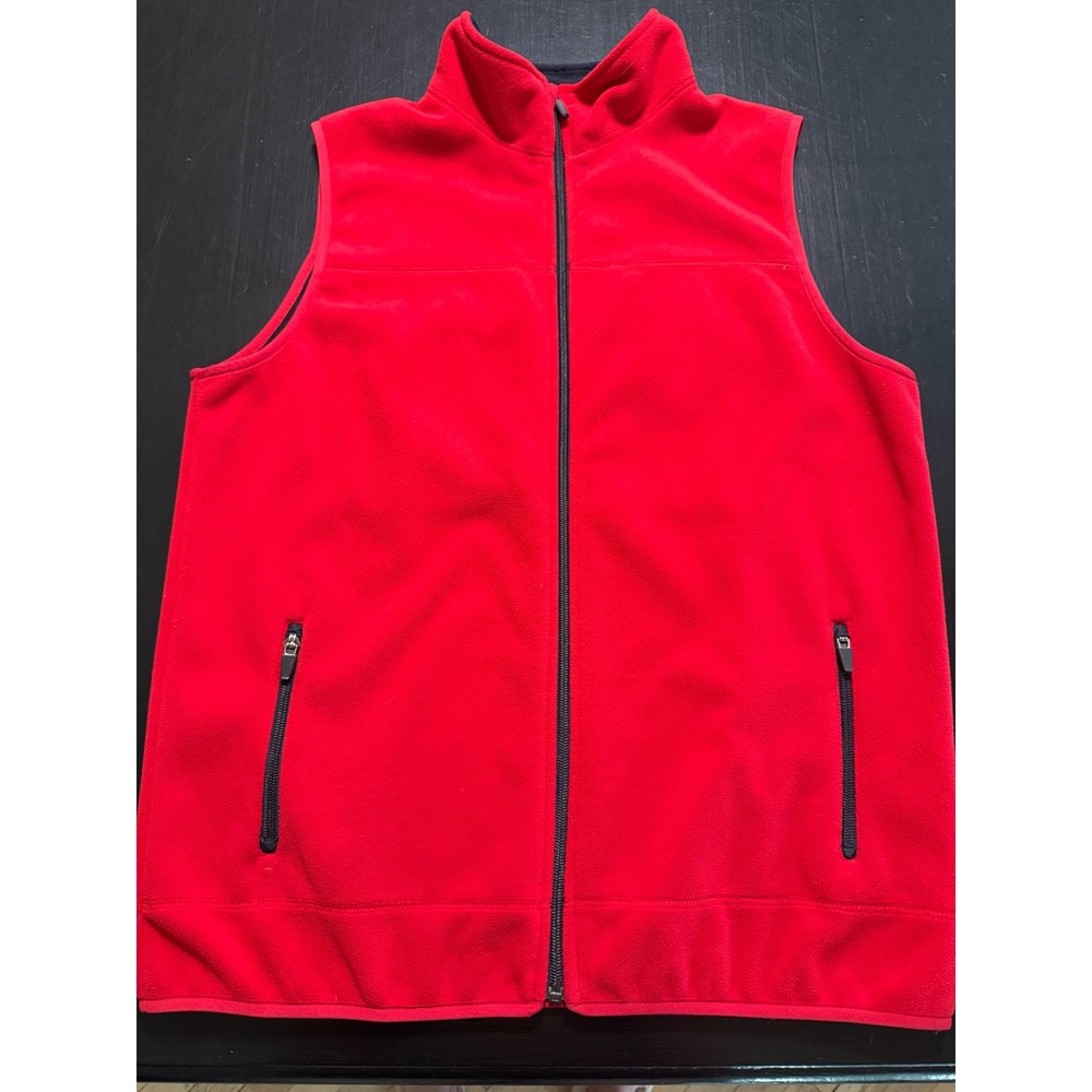 Lands End Mens Fleece Vest Red Full Zip Sleeveless Jacket Pockets Large